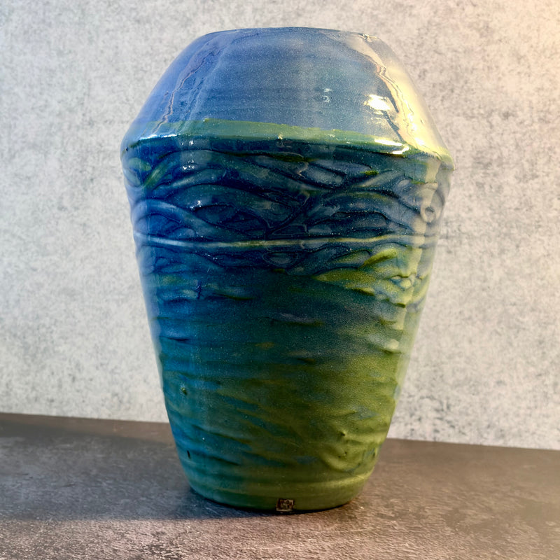 Eddy — Carved Stoneware Vessel in Blue-to-Green Mason Stain