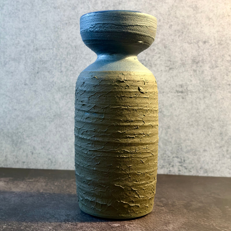 Quarry — Carved Stoneware Bottle with Flared Disc Lip in Olive and Blue