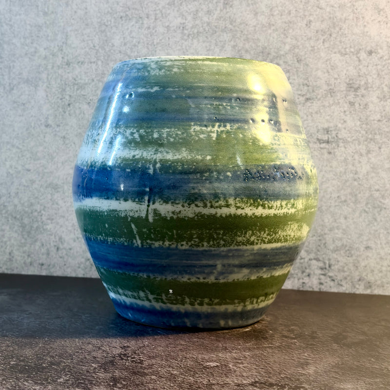 Surf — Barrel Stoneware Vessel in Streaked Blue, Green, and White