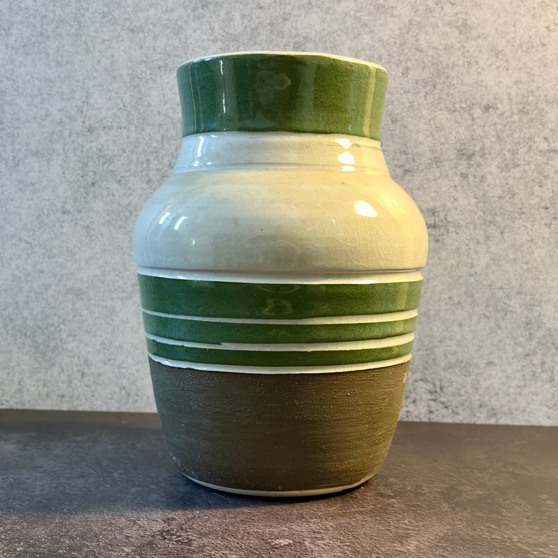 Meadow — Rounded Stoneware Jar in Banded Glossy Green over Cream
