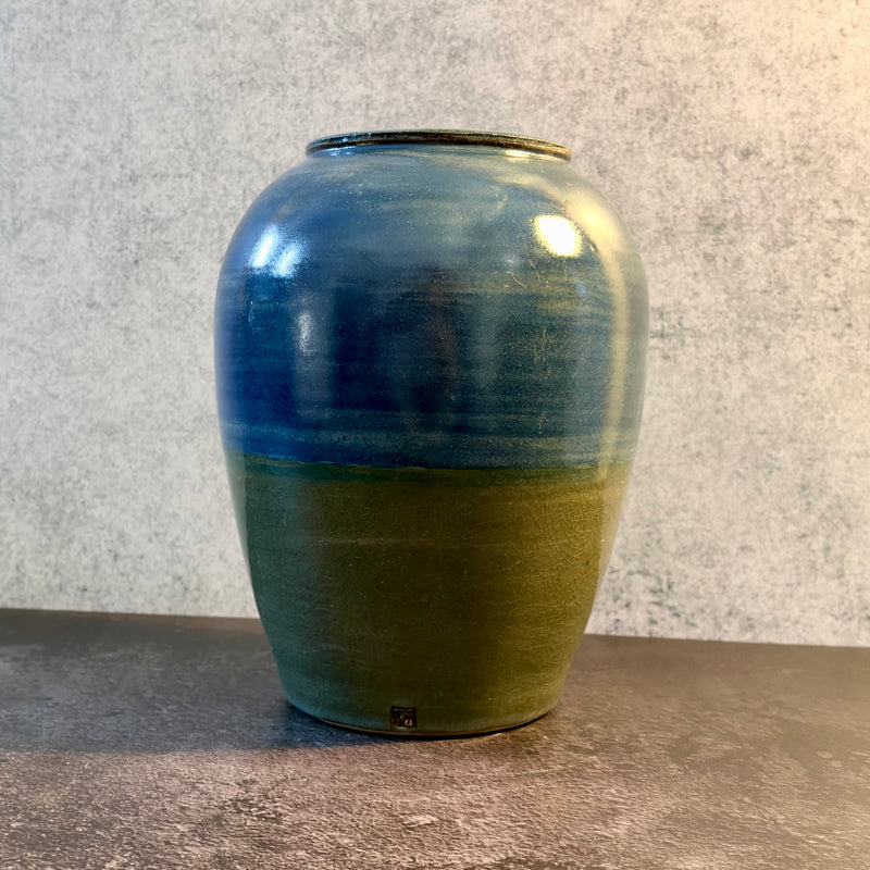 Horizon — Tall Ovoid Stoneware Jar in Glossy Blue and Olive